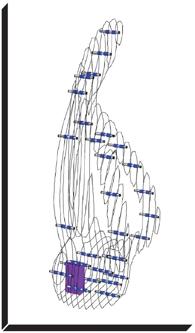 An exploded wireframe of the plywood stack, its bolts and spacers, and the powercell